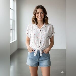 Sabrina Lauren Button front tie waist sunglass printed top size small